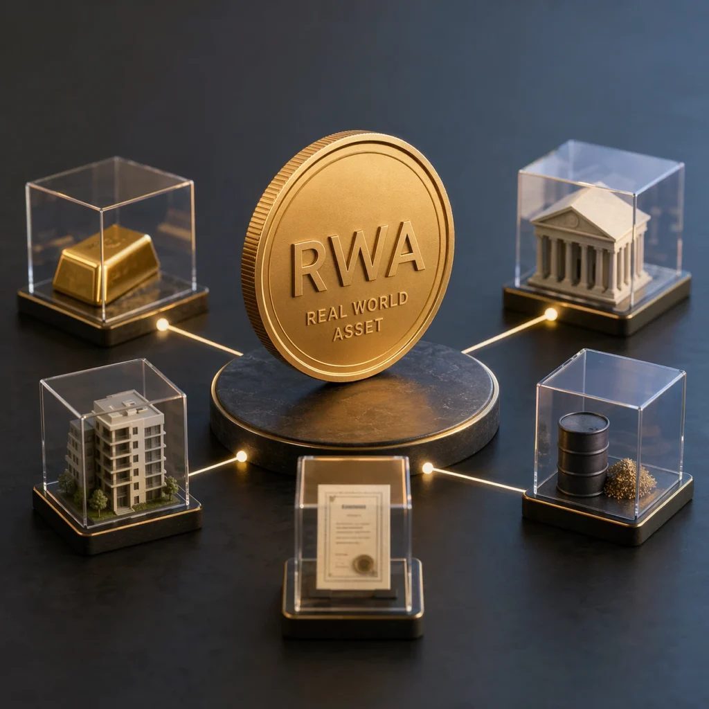 Jeton RWA au centre d’une composition carrée relié à de l’or, de l’immobilier, des obligations et des matières premières sur fond sombre institutionnel