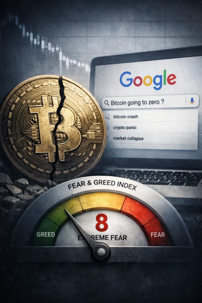 Pièce Bitcoin fissurée devant une recherche Google “Bitcoin going to zero” avec Fear and Greed Index à 8 sur 100 en zone de peur extrême.