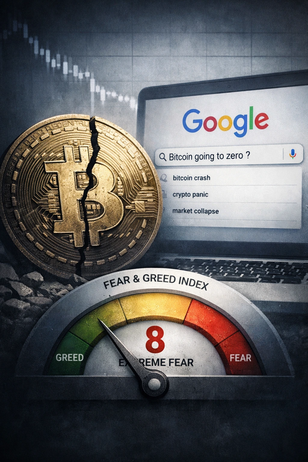 Pièce Bitcoin fissurée devant une recherche Google “Bitcoin going to zero” avec Fear and Greed Index à 8 sur 100 en zone de peur extrême.