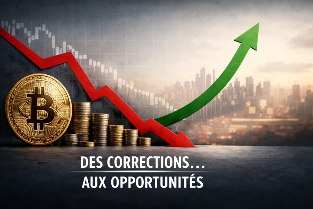 Illustration 16:9 avec pièce Bitcoin, flèche rouge descendante et flèche verte ascendante sur fond de graphique financier et ville en arrière-plan.