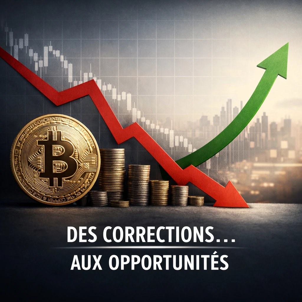 Illustration carrée avec une grande pièce Bitcoin au centre, flèche rouge descendante à gauche et flèche verte ascendante à droite sur fond urbain.