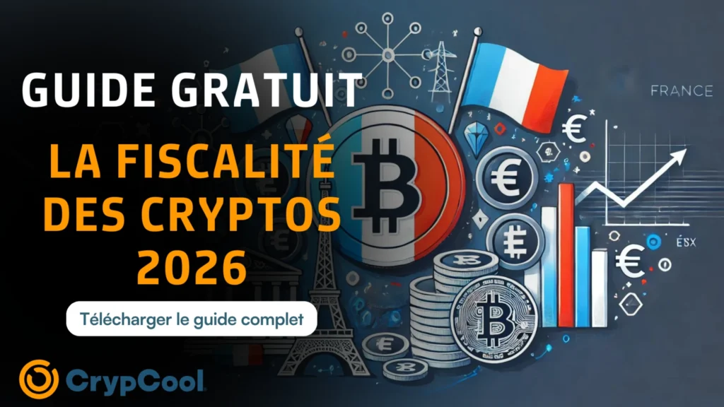 Guide gratuit fiscalité des cryptomonnaies 2026 en France par CrypCool avec visuel Bitcoin, drapeau français et symboles euro