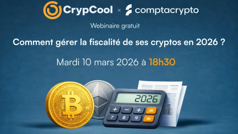 Webinaire gratuit CrypCool x ComptaCrypto sur la fiscalité des cryptos en 2026 avec illustration Bitcoin, Ethereum, calculatrice et date du 10 mars 2026 à 18h30.