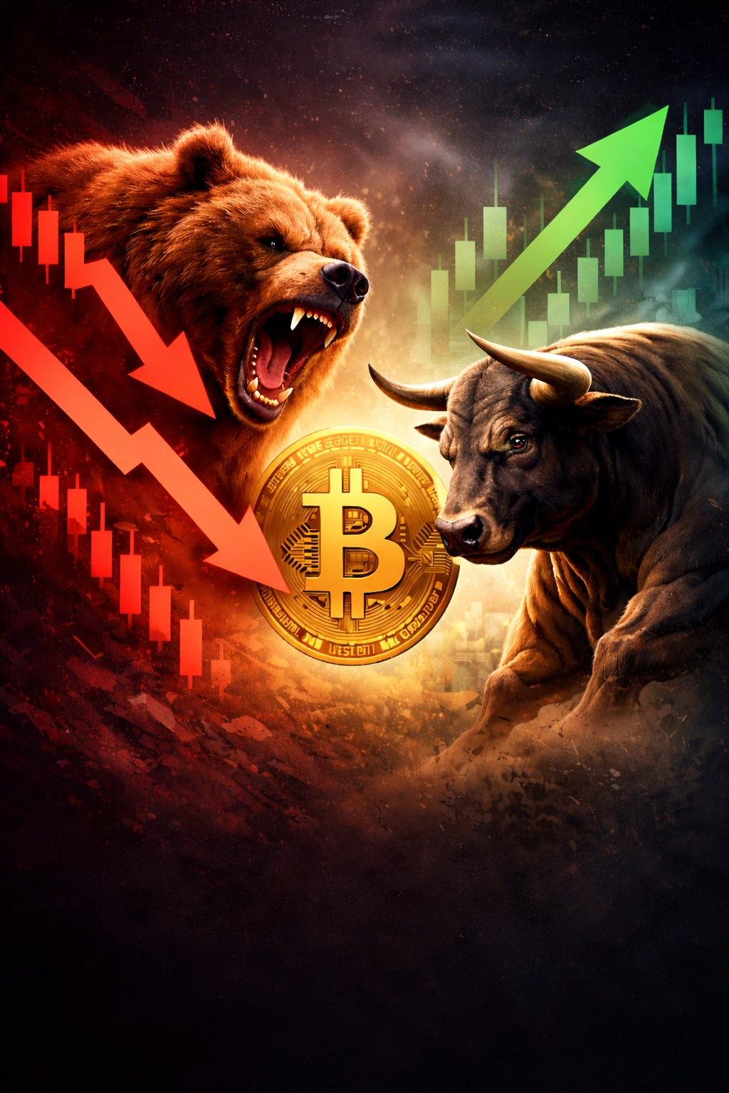 Bear market Bitcoin illustré par un ours et un taureau face au logo ₿ symbolisant la confrontation entre marché baissier et haussier.