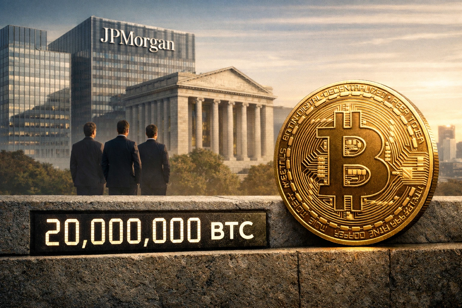 Illustration éditoriale 16:9 sur les 20 millions de bitcoins minés, symbolisant l’adoption institutionnelle du Bitcoin par la finance traditionnelle.