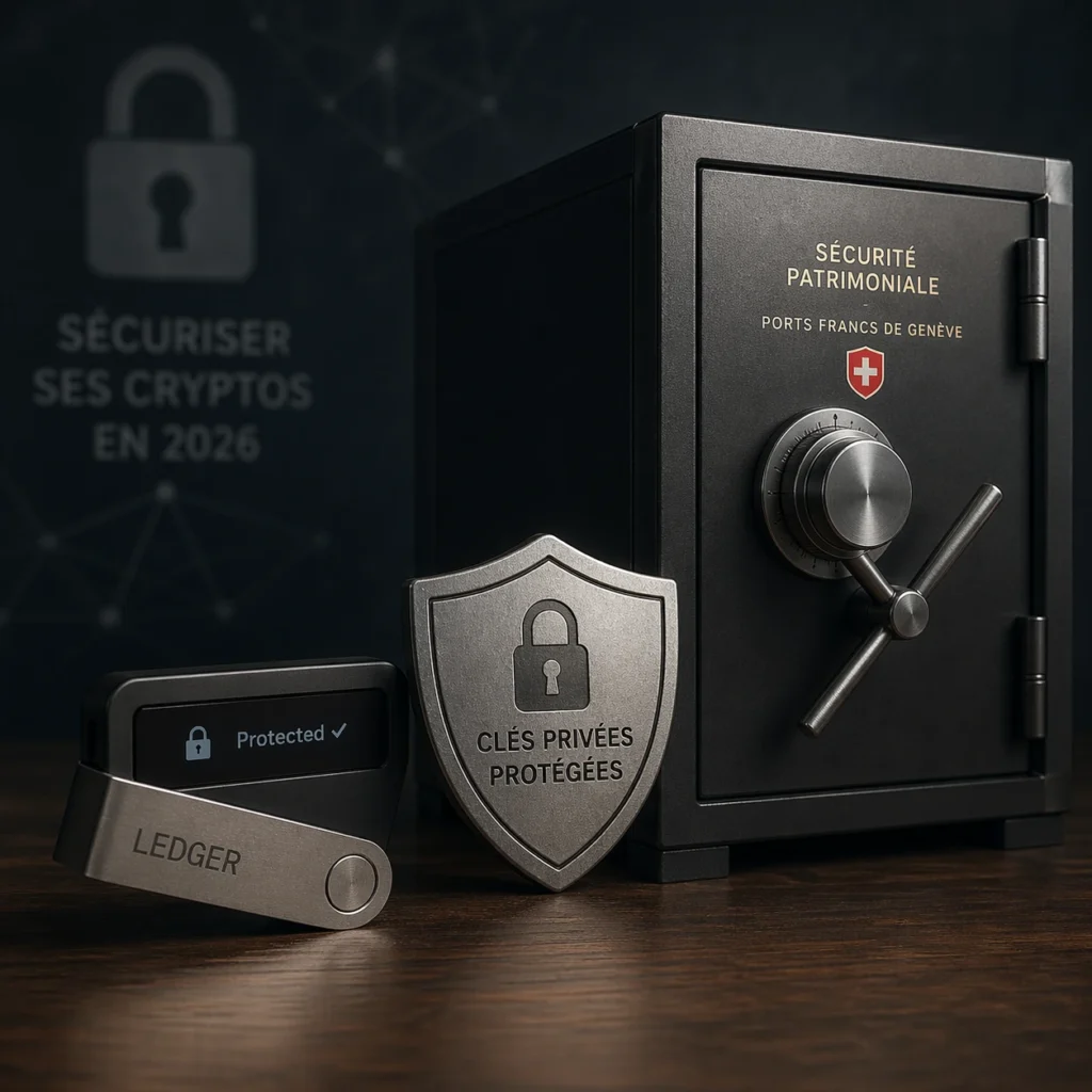 Coffre-fort et dispositif de stockage sécurisé illustrant la protection des cryptomonnaies en 2026