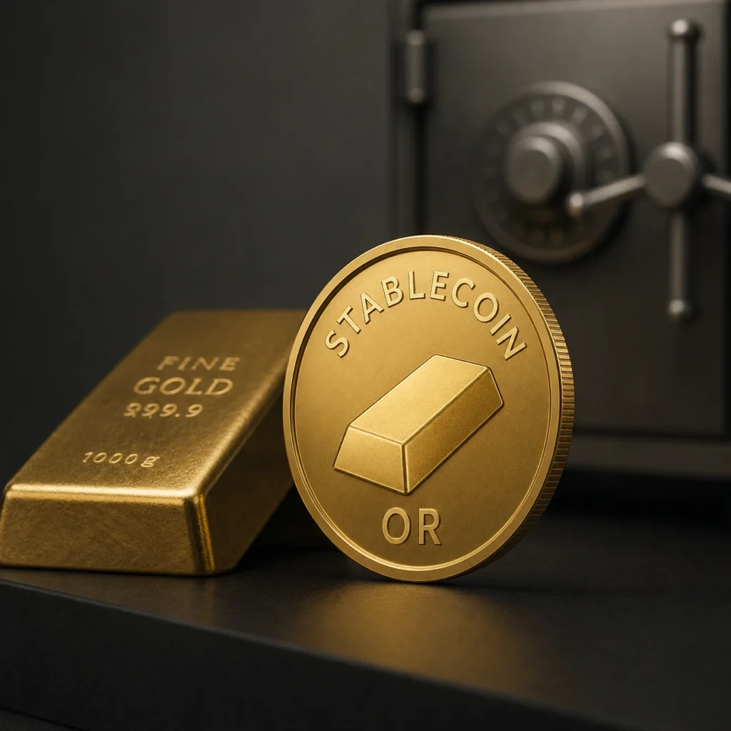 Stablecoin or adossé à un lingot physique sécurisé en coffre, symbole d’investissement en or tokenisé et de réserve de valeur en 2026.